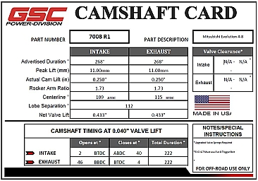 GSC Power-Division Billet Evolution 4-8 R1 Camshafts