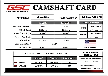 GSC Power-Division Billet VVTI 2JZ-GTE R1 Camshafts