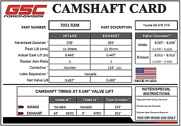 GSC Power-Division Billet VVTI 2JZ-GTE R2M Camshafts
