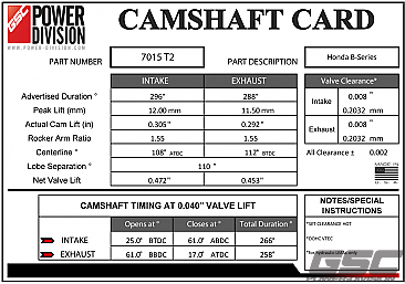 GSC Power-Division Billet Honda B-series Vtec T2 Turbo Camshafts