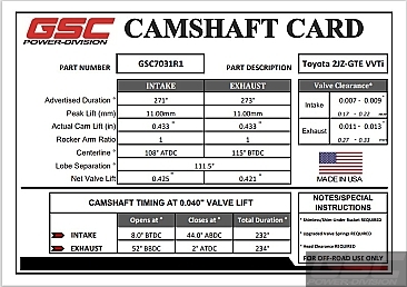 GSC Power-Division Billet VVTI 2JZ-GTE R1 Camshafts