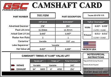 GSC Power-Division Billet VVTI 2JZ-GTE R2M Camshafts